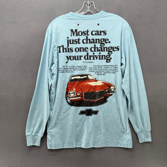 GM Chevrolet 1971 Camaro Graphic Long Sleeve Pocket T-Shirt Light Blue Mens S - Picture 2 of 10